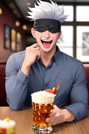 (professional 3d ANIME, cel-shading), perfectly-shaped highquality manly handsome masculine male person at the table in the restaurant , blindfold ON,  SYMMETRY, ACCURATE INTRICATE MALE HEAD AND FACE,   WHITE HAIR,  WHISKY on table, sushi, cheers, SHORT MASCULINE HAIR, mean, evil, (facialhair, blushes hard insanelyhillariouslaughing (drooling) while drunk for fun:1.3), so cool!, WEARING RENDERED FULLY-CLOTHED MALEWEAR, HE HIS HIM ONLY, impressive realistic,  truly detailed,  extremely vibrant colorful matte tones, masterpiece, inspired by real professional happilydrunk MALE   ACTOR, depth of field, soft focus blurring the background, male focus ,  only realistic, real, epic, Gojo Satoru  ,