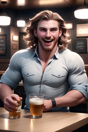 (masterpiece, only realistic, high quality), image of a handsome masculine manly WELSH MAN called herin, pale-brown long messy wavy hair,  beard, wearing collared shirt, at the table, in restaurant, (drunk, blush, mouth open, drooling, laugh:1.1), beer, sake, drink, highres, uhd, fun