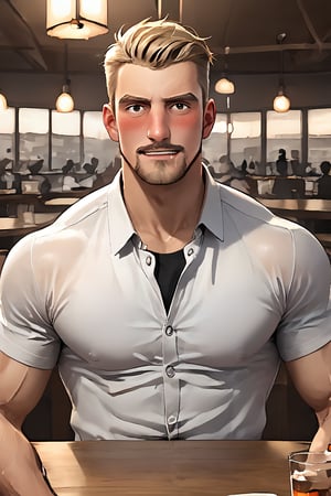 SCORE_9, SCORE_8_UP, 1BOY, MATURE MALE, FORMALWEAR, SHIRT, AT TABLE IN RESTAURANT, DRINK, BLUSHES, DRUNK, MUSCULAR, SHORT HAIR, CHEERS, YATTA NE!, DROOLING FOR FUN, HANDSOME, INTRICATE EYES, MANLY MALE, 3D, CEL-SHADING, SOURCE_ANIME, RATING_QUESTIONABLE, ,r0bbi3r0bbi3
