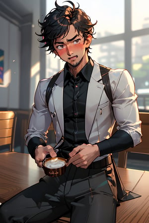 (professional 3d ANIME, cel-shading), highquality manly handsome masculine male person MOUTHOPENDROOLING while insanly drunk for fun SITTING at the table in the restaurant , DARK SKIN, , energetic, WHISKYCUP ON TABLE, , SHORT MASCULINE  HAIR, mean, evil, (facialhair, blushes hard WITH REALISTIC MASCULINE DROOLINGFACIALEXPRESSION for fun:1.3), WEARING RENDERED FULLY-CLOTHED MALEWEAR, HE HIS HIM ONLY, impressive realistic, PERFECTLY-SHAPED MALE HANDSFINGERS MOVEMENT, truly detailed,  extremely vibrant colorful matte tones, masterpiece, inspired by real professional MALE   ACTOR, depth of field, soft focus blurring the background, male focus ,  only realistic, real, epic,  syahnk