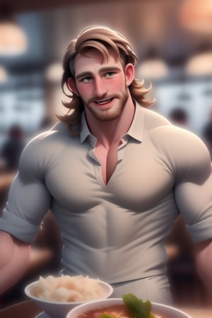 (masterpiece, only realistic, high quality), image of a handsome masculine manly Welsh man called Herin, medium hair, brown hair, beard, wearing collared shirt, at the table, in restaurant, drunk, blush, mouth open, drool, sake, party, happy, cheers