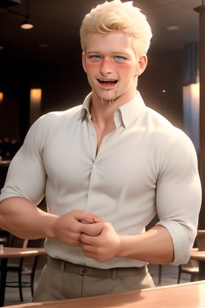 (masterpiece, only realistic, high quality), image of a handsome masculine manly English man called ryuder, short hair, pale-blonde hair, beard, wearing collared shirt, at the table, in restaurant, (drunk, blush, mouth open, drooling, laugh:1.1), highres, uhd, fun