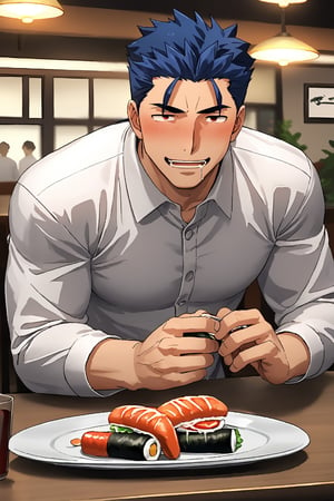 SCORE_9, SCORE_8_UP, 1BOY, MATURE MALE, FORMALWEAR, SHIRT, AT TABLE IN RESTAURANT, SUSHI, HASHI, BLUSHES, DRUNK, DROOLING FOR FUN, HANDSOME, INTRICATE EYES, MANLY MALE, 3D, CEL-SHADING, SOURCE_ANIME, RATING_QUESTIONABLE, blue hair,lancer_fsn