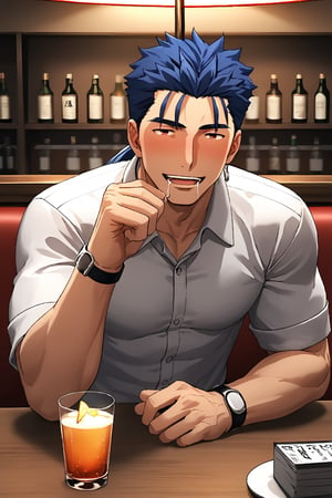 SCORE_9, SCORE_8_UP, 1BOY, MATURE MALE, FORMALWEAR, SHIRT, AT TABLE IN RESTAURANT, DRINK, BLUSHES, DRUNK, PONYTAIL, CHEERS, YATTA NE!, DROOLING FOR FUN, HANDSOME, INTRICATE EYES, MANLY MALE, 3D, CEL-SHADING, SOURCE_ANIME, RATING_QUESTIONABLE, blue hair,lancer_fsn