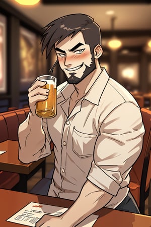 (professional realistic 3d), highquality manly handsome masculine male person evilgrin while insanly drunk for fun at the table in the restaurant , holding BEERmug, cheering, energetic, WHISKY, short HAIR, mean, evil, (facialhair, blushes hard evil drunk   for fun:1.3), WEARING RENDERED FULLY-CLOTHED, impressive realistic, truly detailed,  extremely vibrant colorful matte rainbow tones, masterpiece, inspired by real professional MALE   ACTOR, depth of field, soft focus blurring the background, male focus ,  only realistic, real, epic, creedo_mateo
