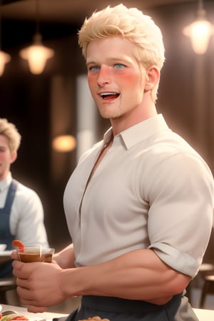 (masterpiece, only realistic, high quality), image of a handsome masculine manly English man called ryuder, short hair, pale-blonde hair, beard, wearing collared shirt, at the table, in restaurant, (drunk, blush, mouth open, drooling, laugh:1.1), highres, uhd, fun