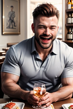 (professional 3d ANIME, cel-shading), perfectly-shaped highquality manly handsome masculine male person at the table in the restaurant ,  SYMMETRY, ACCURATE INTRICATE MALE HEAD AND FACE,    MUSTACHE, FACIAL HAIR, BEARD,  WHISKY on table, sushi, cheers, SHORT MASCULINE HAIR, mean, evil, (facialhair, blushes hard insanelyhillariouslaughing (drooling) while drunk for fun:1.3), so cool!, WEARING RENDERED FULLY-CLOTHED MALEWEAR, HE HIS HIM ONLY, impressive realistic,  truly detailed,  extremely vibrant colorful matte tones, masterpiece, inspired by real professional happilydrunk MALE   ACTOR, depth of field, soft focus blurring the background, male focus ,  only realistic, real, epic,   ,jaeggernawt