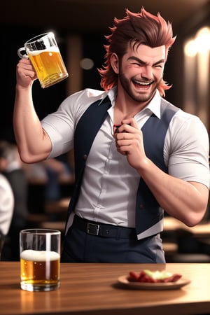 (professional 3d ANIME, cel-shading), highquality manly handsome masculine male person ABSURDLAUGHING while insanly drunk for fun at the table in the restaurant ,  holding BEERmug, cheering, energetic, WHISKY, SHORT MASCULINE  HAIR, mean, evil, (facialhair, blushes hard CRAZILYPERFECTLYINSANELYLAUGHING WHILE drunk   for fun:1.3), WEARING RENDERED FULLY-CLOTHED MALEWEAR, HE HIS HIM ONLY, impressive realistic, PERFECTLY-SHAPED MALE HANDSFINGERS MOVEMENT, truly detailed,  extremely vibrant colorful matte tones, masterpiece, inspired by real professional MALE   ACTOR, depth of field, soft focus blurring the background, male focus ,  only realistic, real, epic,  Big Boss