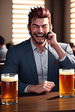 (professional 3d ANIME, cel-shading), highquality manly handsome masculine male person ABSURDLAUGHING while insanly drunk for fun at the table in the restaurant ,  holding BEERmug, cheering, energetic, WHISKY, SHORT MASCULINE  HAIR, mean, evil, (facialhair, blushes hard CRAZILYPERFECTLYINSANELYLAUGHING WHILE drunk   for fun:1.3), WEARING RENDERED FULLY-CLOTHED MALEWEAR, HE HIS HIM ONLY, impressive realistic, PERFECTLY-SHAPED MALE HANDSFINGERS MOVEMENT, truly detailed,  extremely vibrant colorful matte tones, masterpiece, inspired by real professional MALE   ACTOR, depth of field, soft focus blurring the background, male focus ,  only realistic, real, epic,  Big Boss