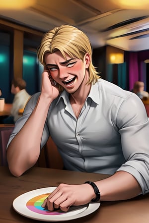 handsome masculine blonde male person crazilly laughing while insanly drooling drunk for fun at the table in the restaurant , STYLISH, (blonde facialhair, blushes hard visibly drunk for fun:1.3), WEARING RENDERED FULLY-CLOTHED, impressive realistic, truly detailed, MOUTH OPEN , extremely vibrant colorful matte rainbow tones, masterpiece, inspired by jean kirstein_\(attack on titan realistic MOVIE\) MALE   ACTOR, depth of field, soft focus blurring the background, male focus 