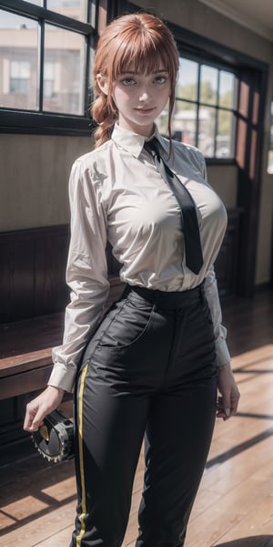 perfecteyes,makima (chainsaw man), 1girl, ringed eyes, black necktie, braided ponytail, collared shirt, indoors,large boobs,smirk, yellow eyes, sidelocks, ((black pants)), ((tight clothes)), thick thighs, thin waist