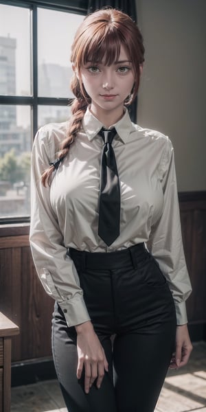 perfecteyes,makima (chainsaw man), 1girl, ringed eyes, black necktie, braided ponytail, collared ((unbuttoned ))shirt, indoors,large boobs,smirk, yellow eyes, lowlocks, ((black pants)), ((tight clothes)), thick thighs, thin waist