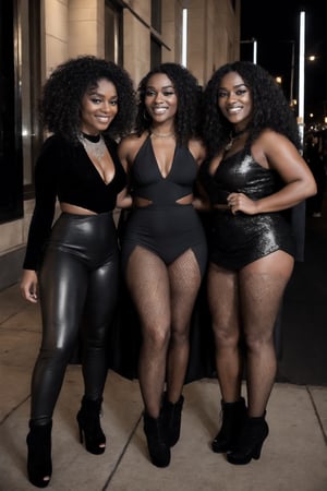 
"A group of five diffrent women standing together on a city street at night, dressed in stylish black outfits. Each woman has a unique style: the first woman on the left is wearing a form-fitting leather outfit with high boots, showing off her confident pose. The second woman is in a sleek black ensemble with her long hair flowing and making a playful gesture. The third woman in the center is wearing a fishnet dress over black leggings, with curly hair and a warm smile. The fourth woman is dressed in a chic black top with a statement necklace, her long wavy hair framing her face. The fifth woman on the right is wearing a sparkly silver headwrap, black outfit, and patterned fishnet stockings, exuding a bold vibe. They are standing on a sidewalk with a backdrop of a vibrant city nightlife scene, including illuminated storefronts, streetlights, and cars. The atmosphere is lively and fun, with a sense of camaraderie and style. The image should be rendered in super ultra-high detail, capturing the textures of their outfits, the lighting, the expressions on their faces, and the urban background." 