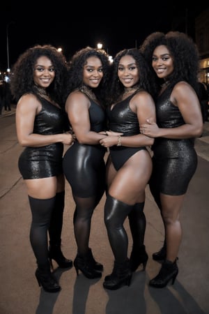 
"A group of five diffrent women standing together on a city street at night, dressed in stylish black outfits. Each woman has a unique style: the first woman on the left is wearing a form-fitting leather outfit with high boots, showing off her confident pose. The second woman is in a sleek black ensemble with her long hair flowing and making a playful gesture. The third woman in the center is wearing a fishnet dress over black leggings, with curly hair and a warm smile. The fourth woman is dressed in a chic black top with a statement necklace, her long wavy hair framing her face. The fifth woman on the right is wearing a sparkly silver headwrap, black outfit, and patterned fishnet stockings, exuding a bold vibe. They are standing on a sidewalk with a backdrop of a vibrant city nightlife scene, including illuminated storefronts, streetlights, and cars. The atmosphere is lively and fun, with a sense of camaraderie and style. The image should be rendered in super ultra-high detail, capturing the textures of their outfits, the lighting, the expressions on their faces, and the urban background." 