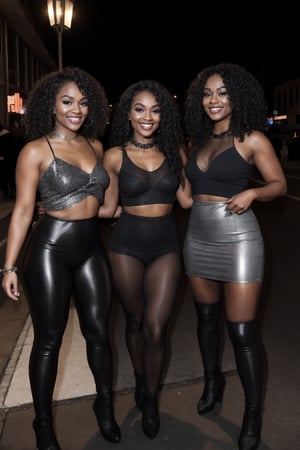 
"A group of five diffrent women standing together on a city street at night, dressed in stylish black outfits. Each woman has a unique style: the first woman on the left is wearing a form-fitting leather outfit with high boots, showing off her confident pose. The second woman is in a sleek black ensemble with her long hair flowing and making a playful gesture. The third woman in the center is wearing a fishnet dress over black leggings, with curly hair and a warm smile. The fourth woman is dressed in a chic black top with a statement necklace, her long wavy hair framing her face. The fifth woman on the right is wearing a sparkly silver headwrap, black outfit, and patterned fishnet stockings, exuding a bold vibe. They are standing on a sidewalk with a backdrop of a vibrant city nightlife scene, including illuminated storefronts, streetlights, and cars. The atmosphere is lively and fun, with a sense of camaraderie and style. The image should be rendered in super ultra-high detail, capturing the textures of their outfits, the lighting, the expressions on their faces, and the urban background." 