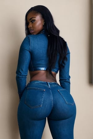 (((African american girl))), 1girl, solo, long hair, breasts, looking at viewer, black hair, long sleeves, closed mouth, standing, jacket, ass, thighs, cowboy shot, open clothes, shiny, looking back, pants, from behind, open jacket, lips, hands up, bodysuit, makeup, thick thighs, own hands together, denim, lipstick, blue jacket, skin tight, pocket, shiny clothes, jeans, nose, emblem, against wall, tight, leather, leather jacket, tight pants, sports bra, black lipstick, black eye shadow,Booty,Masterpiece, gothic eyes
