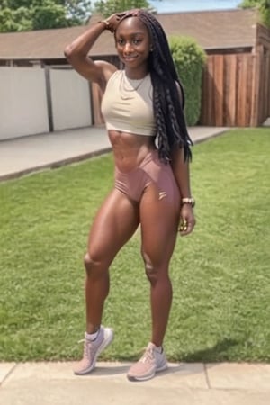 (((Dina Asher-Smith))), slim face, ebony skin, loba andrade from apex legends, beautiful symmetric body, yummy, inspired by Ras Akyem, trending on social media, brown pants, uncropped, fit pic, cutie, would you let me dress you, pink mini-skirt, fitness, grace, wow