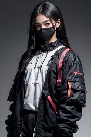 a 18 yo asian teen, handsome, wearing a chromatic black-red mask, long curtained hair style, dark hair, dark theme, black_clothing, soothing tones, muted colors, high contrast, (natural skin texture, hyperrealism, soft light, sharp), blue background, simple background, shine, (((urban techwear))), detailed_hand:1.3