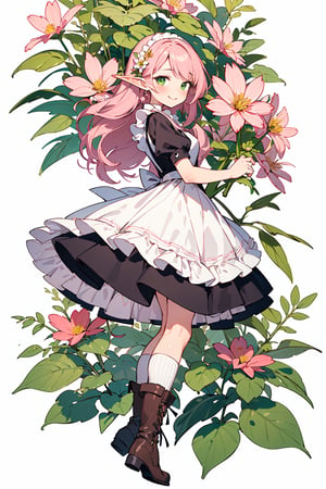 (small Botanical art white background:1.4), 1girl, from side, dynamic pose, cchubby, long hair, maid dress, boots, elf, little smile, autumn, (lots of pink cosmos \(flower\) and green leaves)