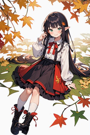 ((Botanical art white background)), 1 girl, cchubby, super long hair, blouse, skirt, frilly socks, ribbon, boots, elf, smile, autumn, lots of maple leaves and ginkgo trees with red leaves,