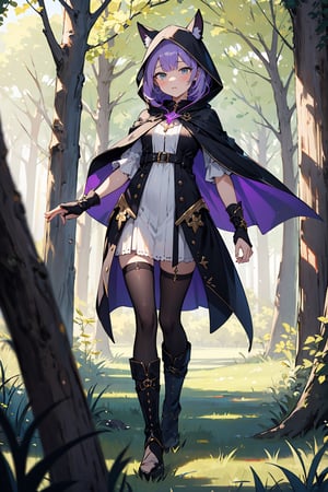 absurdres, (full-body), highres, ultra detailed, (1girl:1.3), close-up,BREAK
murderess dress, purple (transparent1.4) aura, huntress dress, dark cape with hood and gold details, leather boots,
Meadow in the forest, green leaves