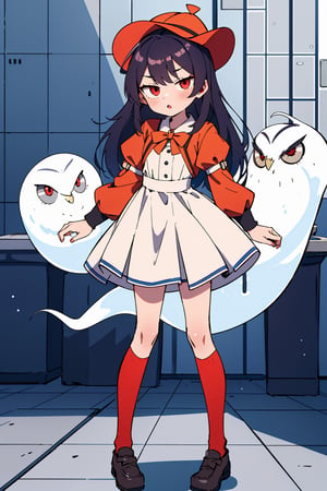 (absurdres, highres, ultra detailed, perfect anatomy:1.2), anime, fullbody, red fluffy dress, halloween, BREAK
1girl, solo, flat chest, (red eyes:1.1), (Washroom, Ghost:1.2),  (Owl:1.4), 