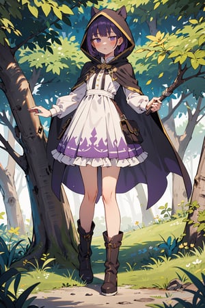 absurdres, (full-body), highres, ultra detailed, (1girl:1.3), close-up,BREAK
murderess dress, purple (transparent1.4) aura, huntress dress, dark cape with hood and gold details, leather boots,
Meadow in the forest, green leaves