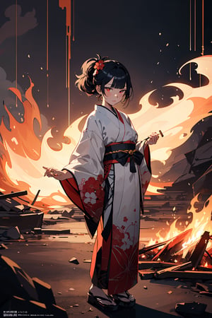 (anime, vivid:1.1), (absurdres, highres, ultra detailed:1.2),
1girl, solo, white medium hair, messy hair, blunt bangs, short thick eyebrows, red eyes, onmyoji, kimono, standing in front of a fire, lantern, building, fire, concept art, official art, ukiyo-e,