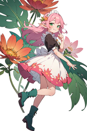 (small Botanical art white background:1.4), 1girl, from side, dynamic pose, cchubby, long hair, maid dress, boots, elf, little smile, autumn, (lots of pink cosmos \(flower\) and green leaves)