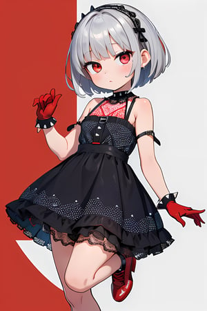 (absurdres, highres, ultra detailed:1.2),
solo, girl in gothic lolita dress, (wearing (red:1.2) and (black:0.8) dress with (polka dot pattern:1.1) and lace appliques:1.4), wearing no sleeves and halter neck, wearing short skirt with layers of lace and tulle, (wearing black gloves and red shoes with straps:1.4), 
BREAK (short silver hair with spikes and bangs, red eyes:1.2)