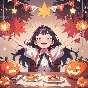 "Thanksgiving 2023: A Girl Filled with Joy".
This watercolor-style piece showcases a warm autumn color palette with golden accents to evoke a festive atmosphere.
At the center is a young girl with long black hair, her face beaming with a smile as she strikes a celebratory pose with her arms wide open. BREAK
Her dress, adorned with pumpkin and maple leaf motifs, evokes the traditional attire of Thanksgiving. In the background, a table set for a Thanksgiving feast is surrounded by family and friends, complete with turkey, pumpkin pie, and other festive foods and decorations. Autumn leaves and candles adorn the table, and those around her also wear happy smiles. BREAK
The soft lighting creates a warm, homely atmosphere. This artwork is imbued with symbolic motifs of gratitude, family bonds, and the joy of harvest, spreading a light and joyful energy throughout.