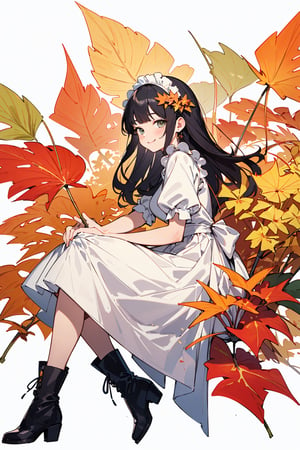 ((Botanical art white background:1.3)),1 girl,from side,dynamic pose, sitting, chubby, long hair, maid dress, boots, smile, autumn, lots of maple leaves and ginkgo trees with red leaves