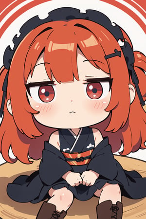 absurdres, highres, ultra detailed, (Portrait:1.2), fisheye, Close-up, cute, (1girl:1.5), (chibi:1.1), Expressionless, (looking at viewer:1.1), upright immovable, smooth curly hair, BREAK
(red gothic lolita:1.3), (blace kimono:1.3), (red camisole:1.1), red hairpin, hair ornament, lace-up boots, platform boots,