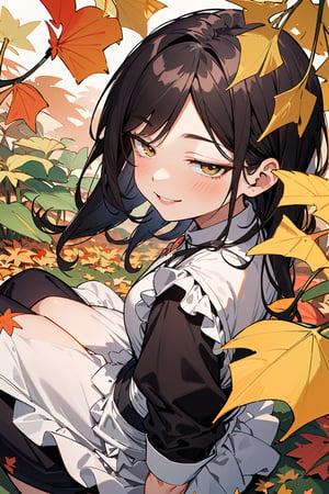 (Botanical art background:1.3),1girl, from side, profile, (close-up:1.2), dynamic pose, sitting, chubby, long hair, maid dress, boots, smile, autumn, lots of maple leaves and ginkgo trees with red leaves