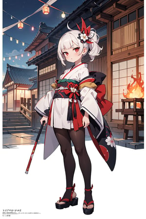 (anime, vivid:1.1), (absurdres, highres, ultra detailed:1.2),
1girl, solo, white medium hair, messy hair, blunt bangs, short thick eyebrows, red eyes, onmyoji, kimono, standing in front of a fire, lantern, building, fire, concept art, official art, ukiyo-e,