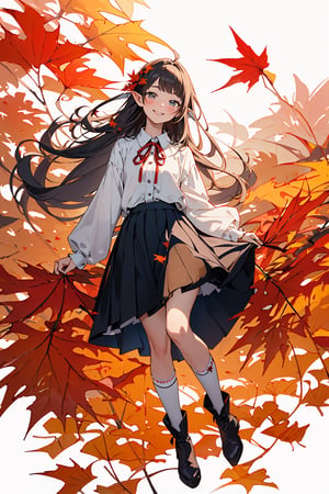 ((Botanical art white background)), 1 girl, cchubby, super long hair, blouse, skirt, frilly socks, ribbon, boots, elf, smile, autumn, lots of maple leaves and ginkgo trees with red leaves,