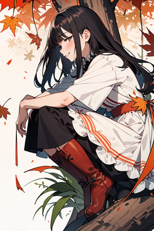 (Botanical art background:1.3),1girl, from side, profile, (close-up:1.2), dynamic pose, sitting, chubby, long hair, maid dress, boots, smile, autumn, lots of maple leaves and ginkgo trees with red leaves