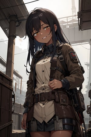 absurdres, highres, ultimate detailed, (emo girl:1.3), long hair, gray hair, (Dieselpunk:1.4), (Brown skin:1.3), head tilt, (grin:0.7), (Depression:1.2), doubt, expression, Looking down, looking at viewer