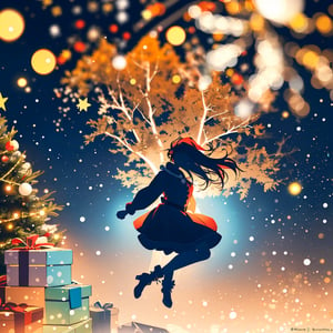 (silhouette:1.4), Colorful Christmas, emo girl,  (Santa costume:1.2), (Floating girl:1.4), solo, (White Christmas tree, Colorful Shining illuminations:1.1), bokeh, holy night, (white Christmas:1.4)