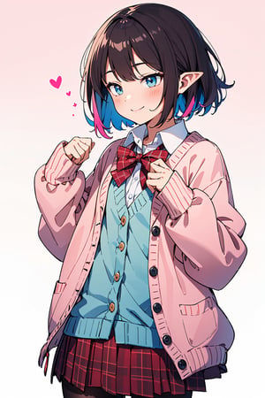 (Simple, colorful, gradient background:1.3), (anime:1.0), BREAK
(1girl:1.2), elf, smile, (looking away), chubby, bob hair, BREAK
(School Uniforms:1.2), (pink cardigan is fit body:1.4), ((do up a buttons, not loose):1.5), ((long sleeve, sleeves past wrists):1.2), (inner wear is white collared-shirt:1.3), (red plaid-pattern bow:1.3), (red plaid-pattern pleated skirt:1.3), ((dark-brown pantyhose, loafers):1.2)