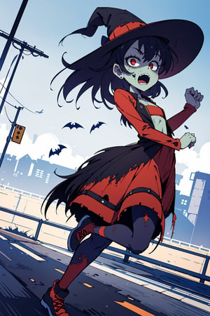 (absurdres, highres, ultra detailed, perfect anatomy:1.2), anime, fullbody, red fluffy dress, (halloween:1.1), BREAK
1girl, solo, flat chest, (red eyes:1.1), (Highway:1.1), (Zombie:1.5), Running