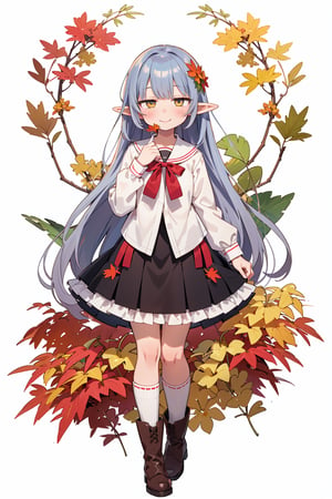 ((Botanical art white background)), 1 girl, cchubby, super long hair, blouse, skirt, frilly socks, ribbon, boots, elf, smile, autumn, lots of maple leaves and ginkgo trees with red leaves,