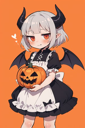 (pumpkin color cute background:1.3), rough sketch tiny girl, (succubus:0.8), fluffy dress, devil's black horns, devil's black wings, silver hair, red eyes, griping the edge of pumpkin lantern with hands, looking at viewer, (Helltaker:1.1)