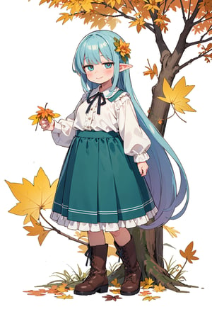 ((Botanical art white background)), 1 girl, chubby, very long hair, blouse, skirt, frilled socks, ribbon, boots, elf, smile, Autumn, lots of maple and ginkgo trees,