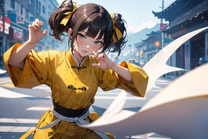 absurdres, highres, ultra detailed, (1girl:1.3), BREAK
(battle action, fighting action:1.1), (full body , solo, ribbon, blurry, blurry background, braid, hair ribbon, looking at viewer, hair rings, bangs, realistic, twin braids, pink ribbon, black hair, (black eyes:1.3), lips, (chinese long Champao), (yellow Champao:1.5), brown hair, closed mouth, twintails, blunt bangs,
BREAK
(kung fu pose:1.2), (stylish pose:1.3),