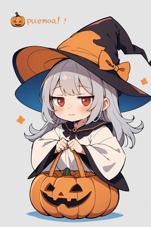 (pumpkin cute background:1.2), rough sketch tiny (chibi:1.2) girl, chubby, (witch cosplay:1.2), fluffy dress,  silver hair, red eyes, griping the edge of pumpkin basket with hands,looking at viewer, (Helltaker:0.5))