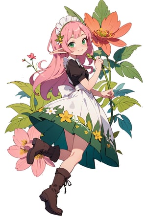 (small Botanical art white background:1.4), 1girl, from side, dynamic pose, cchubby, long hair, maid dress, boots, elf, little smile, autumn, (lots of pink cosmos \(flower\) and green leaves)