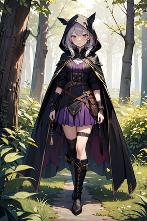 absurdres, (full-body), highres, ultra detailed, (1girl:1.3), close-up,BREAK
murderess dress, purple (transparent1.4) aura, huntress dress, dark cape with hood and gold details, leather boots,
Meadow in the forest, green leaves