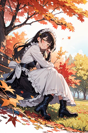 ((Botanical art background:1.3)),1 girl,from side,dynamic pose, sitting, chubby, long hair, maid dress, boots, smile, autumn, lots of maple leaves and ginkgo trees with red leaves