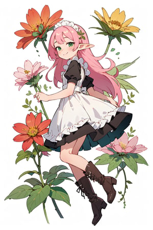 (small Botanical art white background:1.4), 1girl, from side, dynamic pose, cchubby, long hair, maid dress, boots, elf, little smile, autumn, (lots of pink cosmos \(flower\) and green leaves)